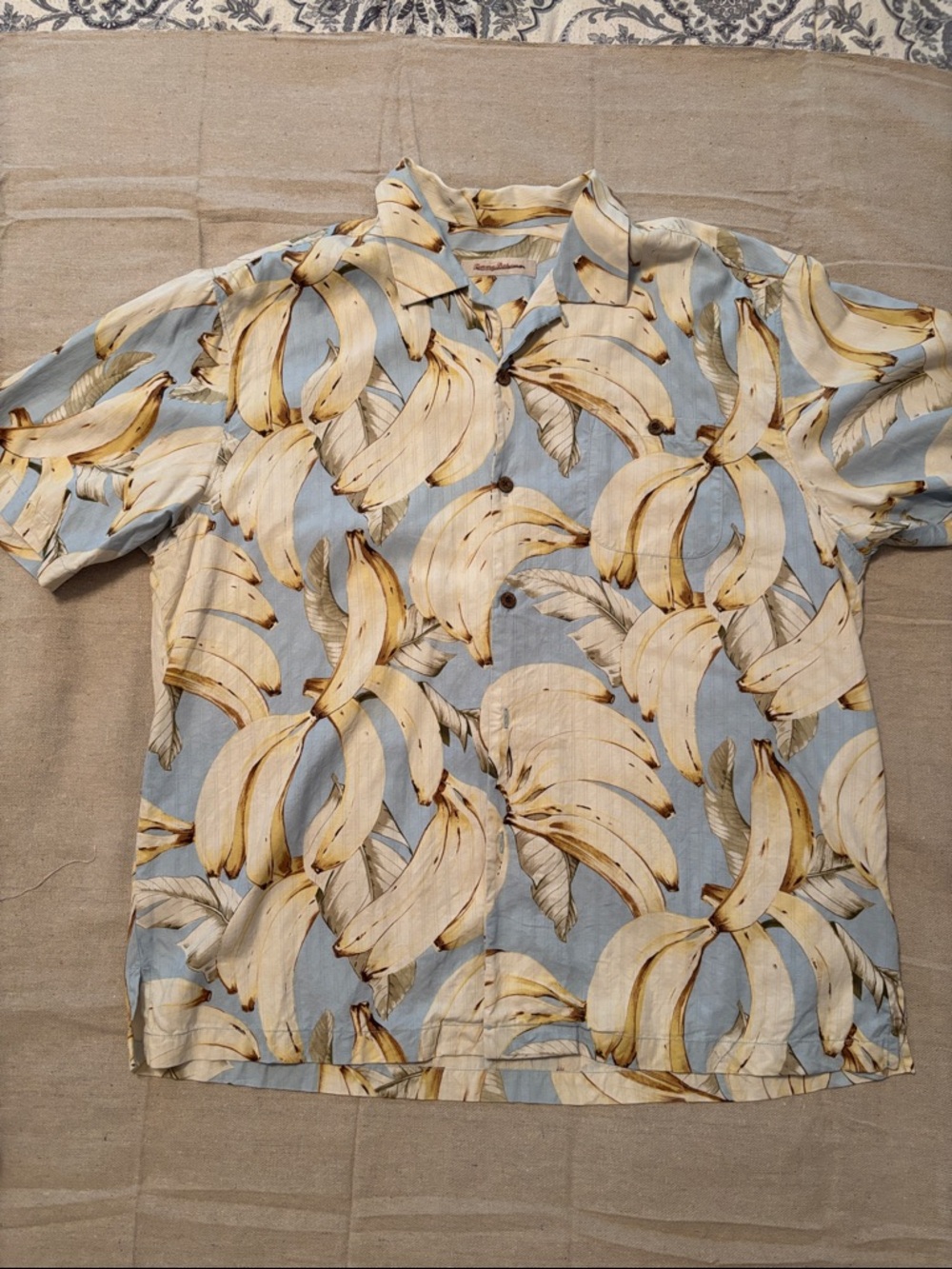 Men's Tommy Bahama Blue Banana Print Camp Shirt 100% silk XL
